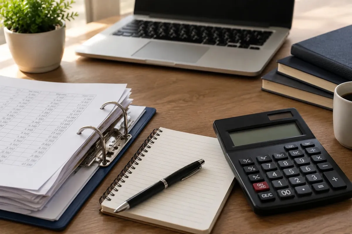 Accounting desk with calculator and notebook